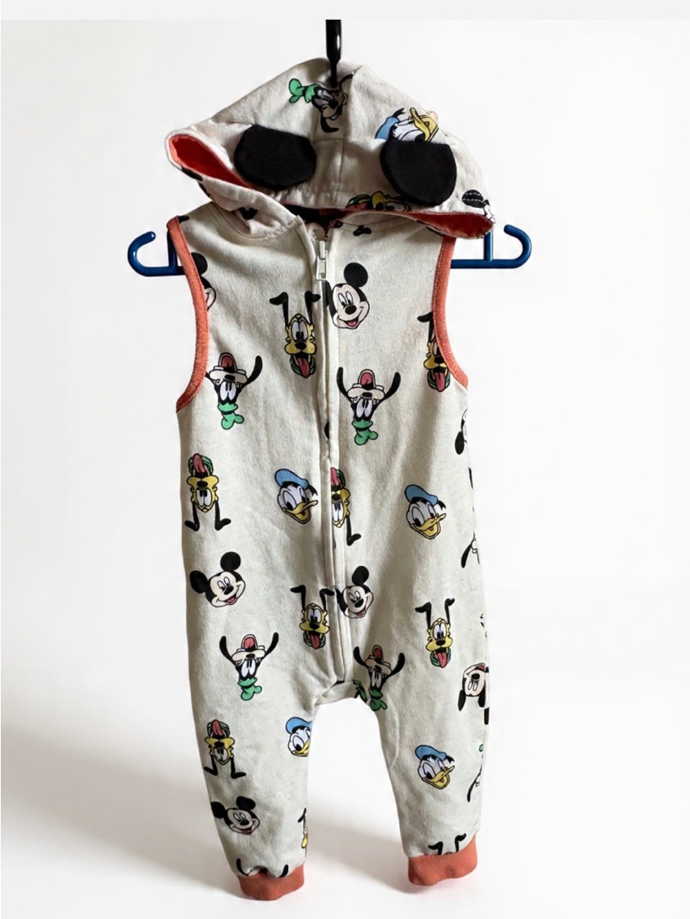 Disney Baby Sleeveless Hooded Romper – Mickey, Pluto & Donald Print Zip-Up